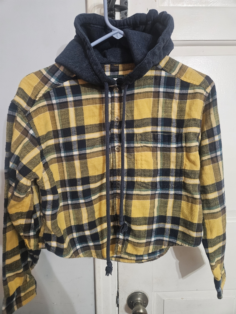 American Eagle Hooded Cropped Plaid Yellow Blue Button-Down Shirt Grunge Size XS